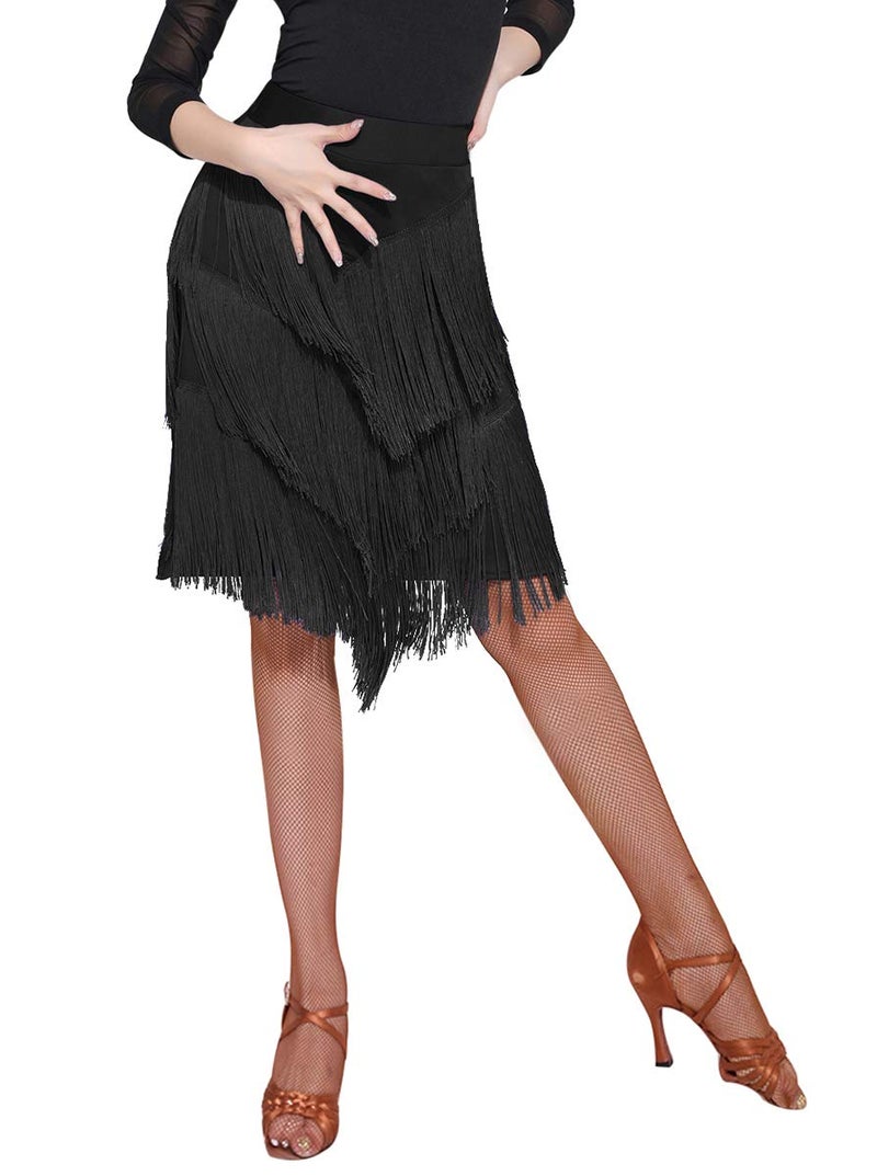 ZX Z&X Women's Ballroom Latin Tango Slasa Dance Skirt Fringe Split Leg Halloween Party Dance Dress with Shorts, Black, Tag L, Fit US 6-8 - Image 3
